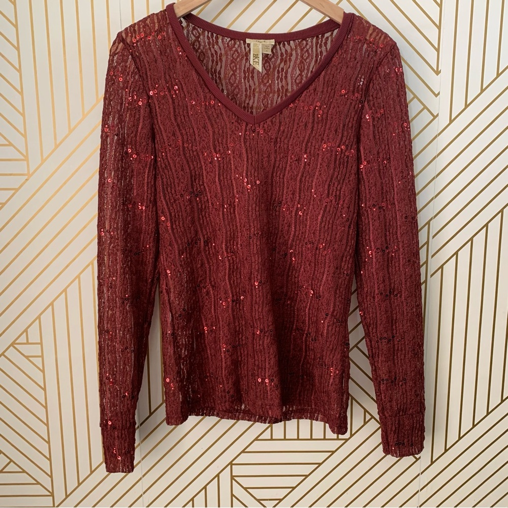 BKE Y2K v neck lace knit stretch sequin long sleeve top semi sheer 2000s 90s S